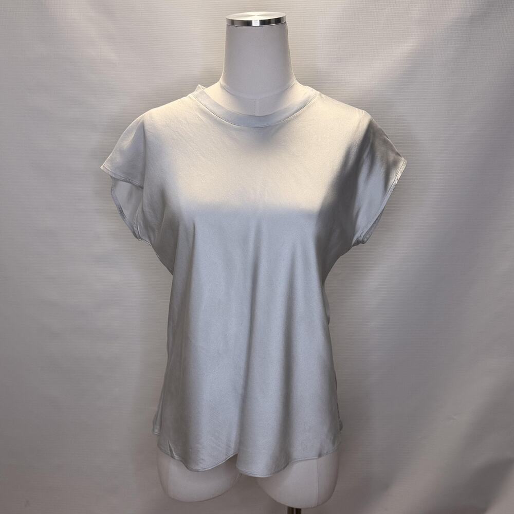 Helmut Lang Shirt Womens Large Silver Satin Silk Blend Cap Sleeve Top Crewneck